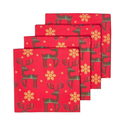 Homescapes Red Reindeer Christmas Napkins, Set of 4