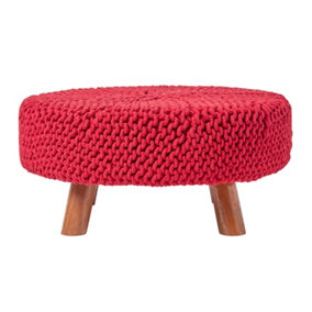 Homescapes Red Round Cotton Knitted Footstool on Legs