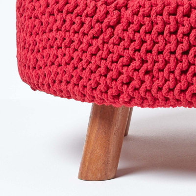 Homescapes Red Round Cotton Knitted Footstool on Legs