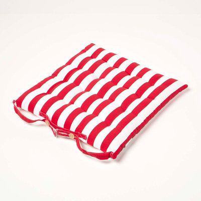 Homescapes Red Stripe Seat Pad with Button Straps 100% Cotton 40 x 40 cm
