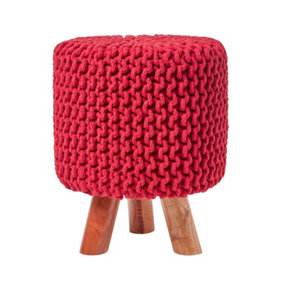 Homescapes Red Tall Cotton Knitted Footstool on Legs
