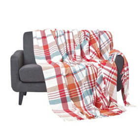 Homescapes Red Tartan 100% Cotton Falun Throw with Tassels, 150 x 200 cm