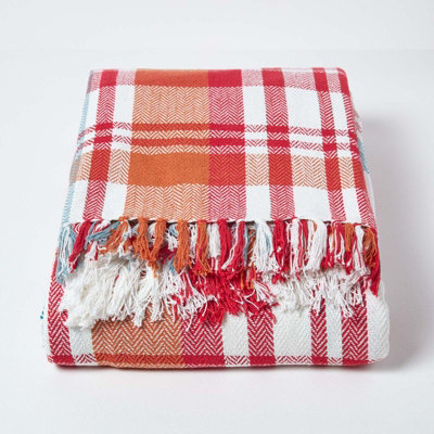 Homescapes Red Tartan 100% Cotton Falun Throw with Tassels, 225 x 255 cm