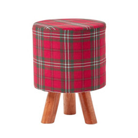 Homescapes Red Tartan Fabric Footstool with Wooden Legs