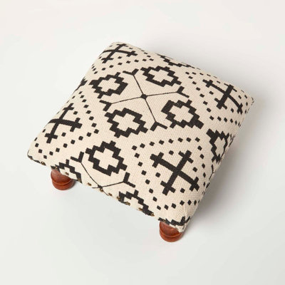 Homescapes Reva Black Geometric Footstool, 40 x 40 x 25 cm