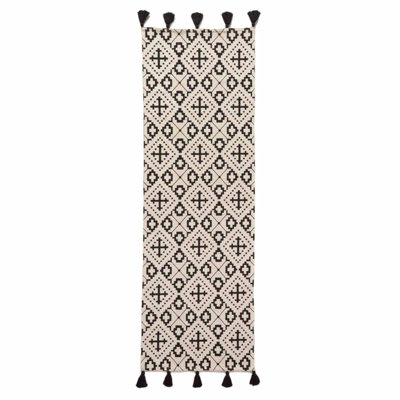 Homescapes Reva Black & White Handwoven Cotton Geometric Hallway Runner ...