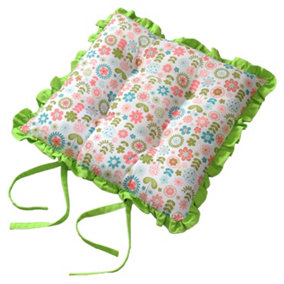 Homescapes Reversible Green Frilled Cushion Seat Pad with Ties Retro Flower