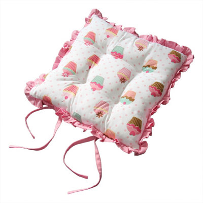 Homescapes Reversible Pink Frilled Cushion Seat Pad with Ties Cup Cakes