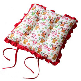 Homescapes Reversible Red Frilled Cushion Seat Pad with Ties Owls