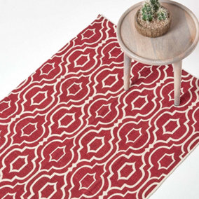Homescapes Riga Red and White 100% Cotton Printed Patterned Rug,120 x 170 cm