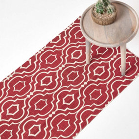 Homescapes Riga Red and White 100% Cotton Printed Patterned Rug, 66 x 200 cm