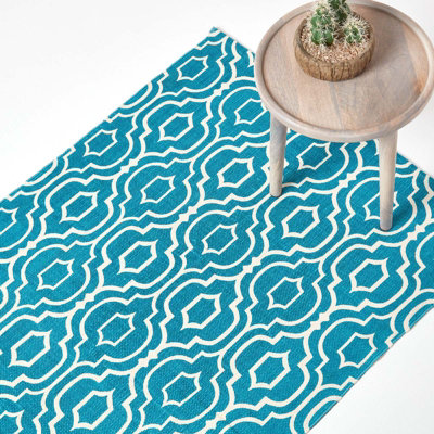 Homescapes Riga Teal and White 100% Cotton Printed Patterned Rug, 160 x 230 cm