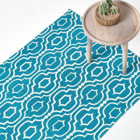 Homescapes Riga Teal and White 100% Cotton Printed Patterned Rug, 160 x 230 cm