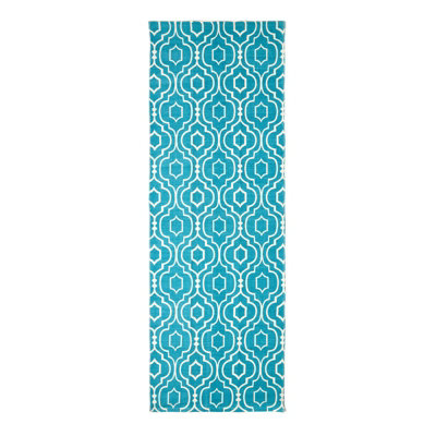 Homescapes Riga Teal and White 100% Cotton Printed Patterned Rug, 66 x 200 cm