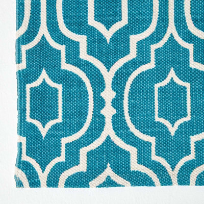 Homescapes Riga Teal and White 100% Cotton Printed Patterned Rug, 66 x 200 cm