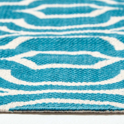 Homescapes Riga Teal and White 100% Cotton Printed Patterned Rug, 66 x 200 cm