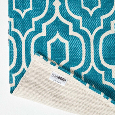 Homescapes Riga Teal and White 100% Cotton Printed Patterned Rug, 66 x 200 cm