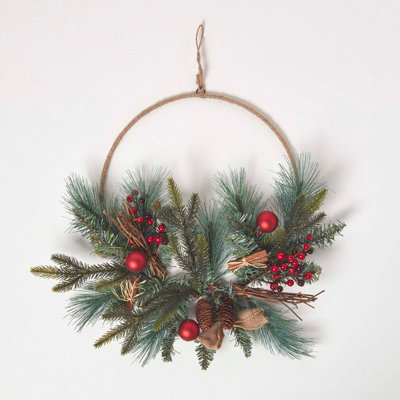 Homescapes Round Metal Hoop Traditional Christmas Wreath