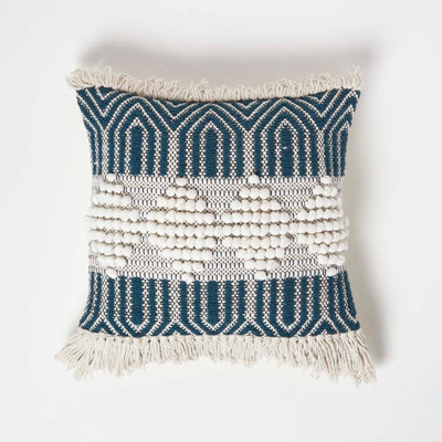 Homescapes Safi Handwoven Fringed Navy & Cream Kilim Cushion 45 x 45 cm