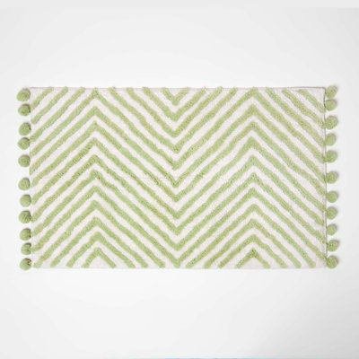 Homescapes Sage Green Cotton Bath Mat Tufted Zig Zag with Pom Pom Edges ...
