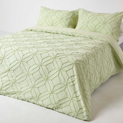 Homescapes Sage Green Diamond Cotton Tufted Duvet Cover Set, Double