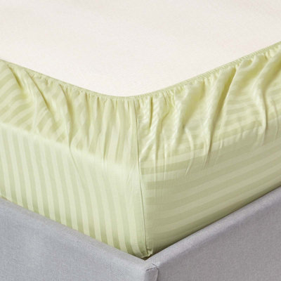 Homescapes Sage Green Egyptian Cotton Satin Stripe Fitted Sheet 330 TC, SuperKing