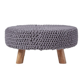 Homescapes Sea Grey Large Round Cotton Knitted Footstool on Legs