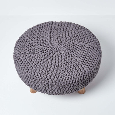 Homescapes Sea Grey Large Round Cotton Knitted Footstool on Legs