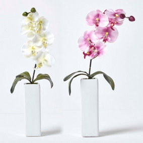 Homescapes Set of 2 Artificial Pink & Cream Orchids in Thin Cream Vases, 43 cm