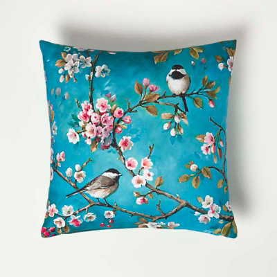 Homescapes Set of 2 Blue Birds & Flowers Waterproof Outdoor Cushions, 45 x 45 cm