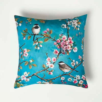 Homescapes Set of 2 Blue Birds & Flowers Waterproof Outdoor Cushions, 45 x 45 cm