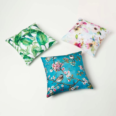 Homescapes Set of 2 Blue Birds & Flowers Waterproof Outdoor Cushions, 45 x 45 cm