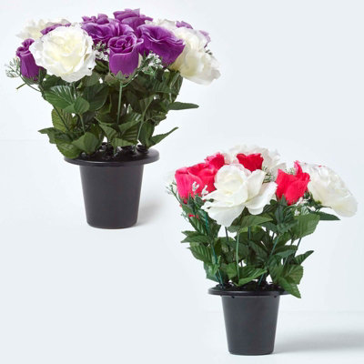 Homescapes Set of 2 Pink & Purple Roses Artificial Flowers in Grave Vases