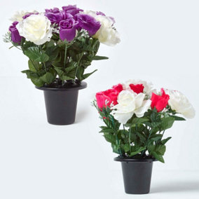 Homescapes Set of 2 Pink & Purple Roses Artificial Flowers in Grave Vases