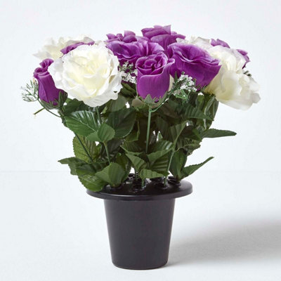 Homescapes Set of 2 Pink & Purple Roses Artificial Flowers in Grave Vases