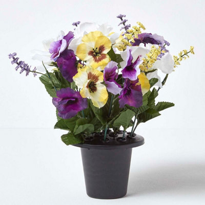Homescapes Set of 2 Purple & Yellow Pansy & Roses Artificial Flowers in Grave Vases