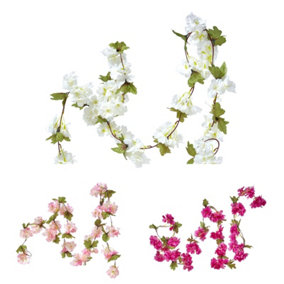 Homescapes Set of 3 Cream, Cerise & Pink Artificial Blossom Flower Garlands, 5 Ft