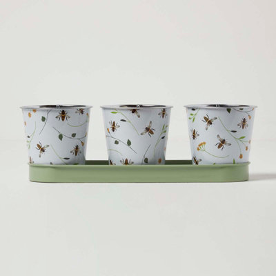 HOMESCAPES Set of 3 Green and White Indoor Plant Pots with Floral Bee