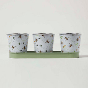 HOMESCAPES Set of 3 Green and White Indoor Plant Pots with Floral Bee Design