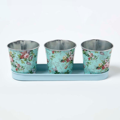 Homescapes Set of 3 Herb Pots with Tray, Rose Print