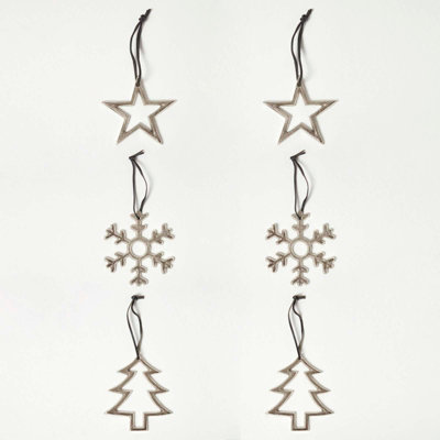 Homescapes Set of 3 Silver Christmas Ornaments Star Tree Snowflake
