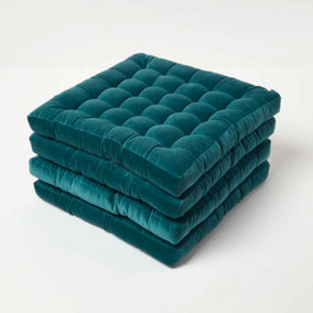 Homescapes Set of 4 Teal Green Quilted Velvet Chair Pad, 40 x 40 cm