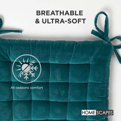 Homescapes Set of 4 Teal Green Velvet Seat Pad or Dining Chair Cushion ...