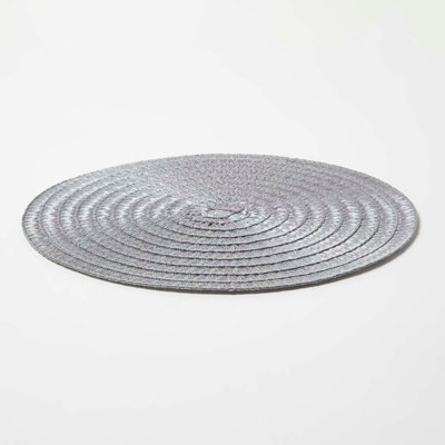 HOMESCAPES Set van 4 handgeweven zwart-grijze katoenen placemats met gevlochten patroon en antislip achterkant, 40 cm, ronde tafelmatten voor binnen en buiten