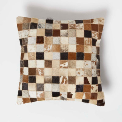 Homescapes Small Block Check Brown & Cream Leather Cushion 45 x 45 cm