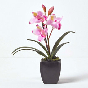 Homescapes Small Light Pink Cymbidium Artificial Orchid in Black Pot, 38 cm Tall