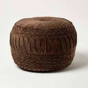 Homescapes Sofia Pleated Velvet Chocolate Brown Pouffe