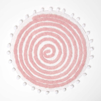 Homescapes Spiral Blush Pink Cotton Bath Mat with Pom Pom Edges