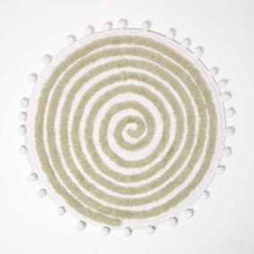 Homescapes Spiral Sage Green Cotton Bath Mat with Pom Pom Edges