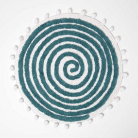 Homescapes Spiral Teal Cotton Bath Mat with Pom Pom Edges